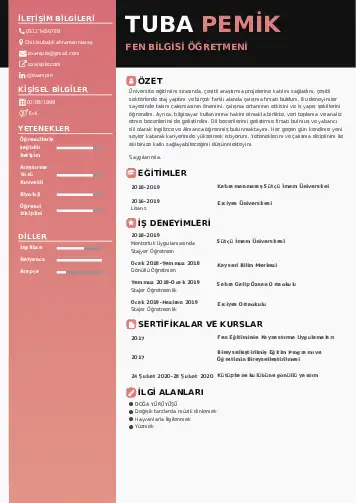 Fen Bilgisi Öğretmeni CV Örnekleri cv indir
